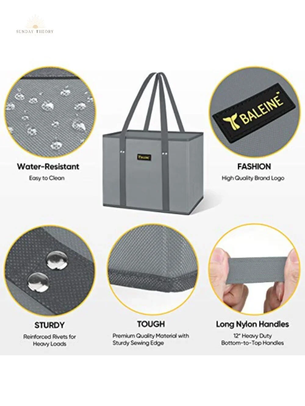 Heavy Duty Reusable Grocery Bags 3PK - Extra Long Handles, Reinforced Bottom,